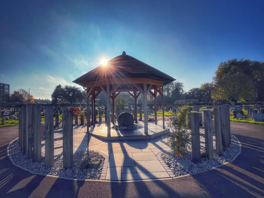 A structure in a cemetery or memorial garden.